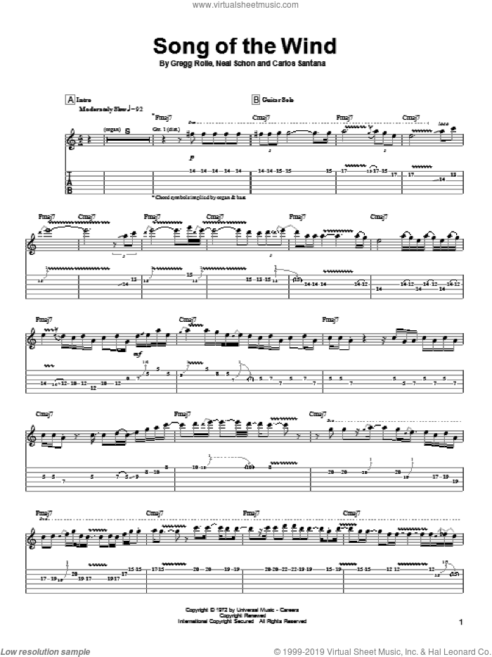 Song Of The Wind sheet music for guitar (tablature) by Carlos Santana, Gregg Rolie and Neal Schon, intermediate skill level