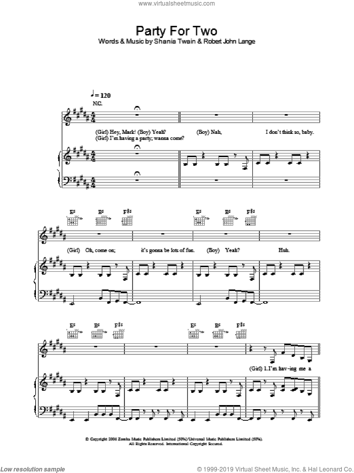 Party For Two sheet music for voice, piano or guitar by Shania Twain and Robert John Lange, intermediate skill level