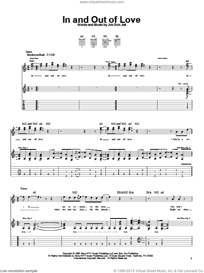 In And Out Of Love sheet music for guitar (tablature) by Bon Jovi, intermediate skill level