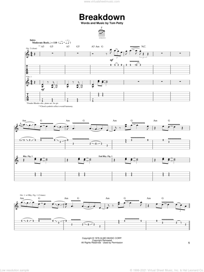 Breakdown sheet music for guitar (tablature) by Tom Petty And The Heartbreakers and Tom Petty, intermediate skill level