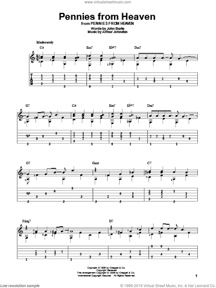 Pennies From Heaven sheet music for guitar solo by Bing Crosby, Arthur Johnston and John Burke, intermediate skill level