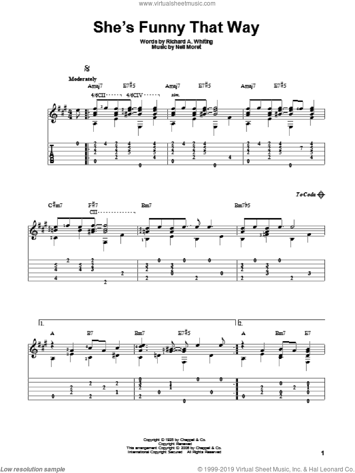 She's Funny That Way sheet music for guitar solo by Richard A. Whiting, Billie Holiday, Willie Nelson and Neil Moret, intermediate skill level