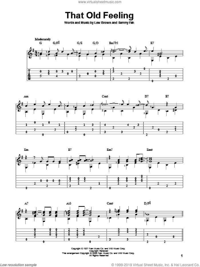 That Old Feeling sheet music for guitar solo by Lew Brown and Sammy Fain, intermediate skill level