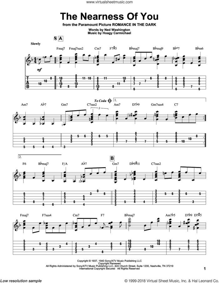 The Nearness Of You sheet music for guitar solo by Hoagy Carmichael, Jeff Arnold and Ned Washington, intermediate skill level