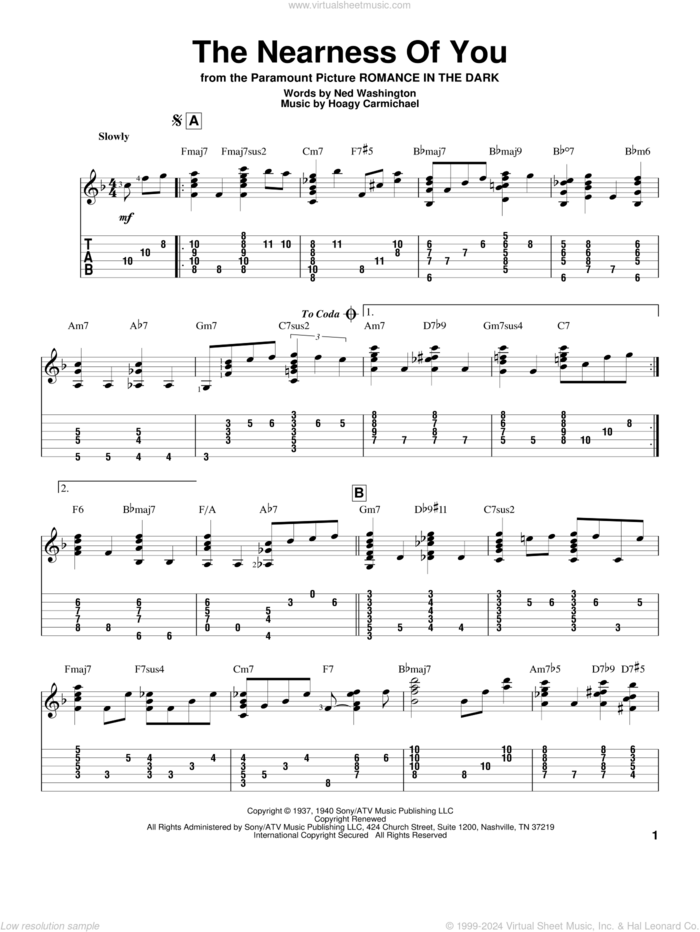 The Nearness Of You sheet music for guitar solo by Hoagy Carmichael, Jeff Arnold and Ned Washington, intermediate skill level