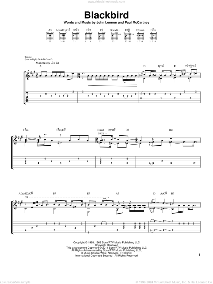 Blackbird sheet music for guitar solo by Paul McCartney, Laurence Juber, The Beatles and John Lennon, intermediate skill level