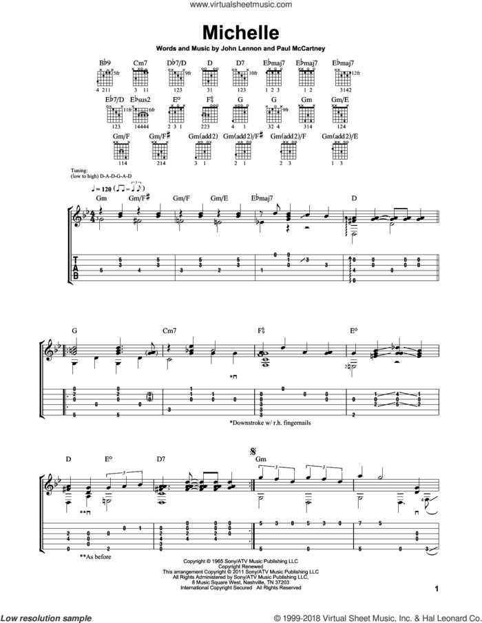 Michelle sheet music for guitar solo by The Beatles, Laurence Juber, John Lennon and Paul McCartney, intermediate skill level