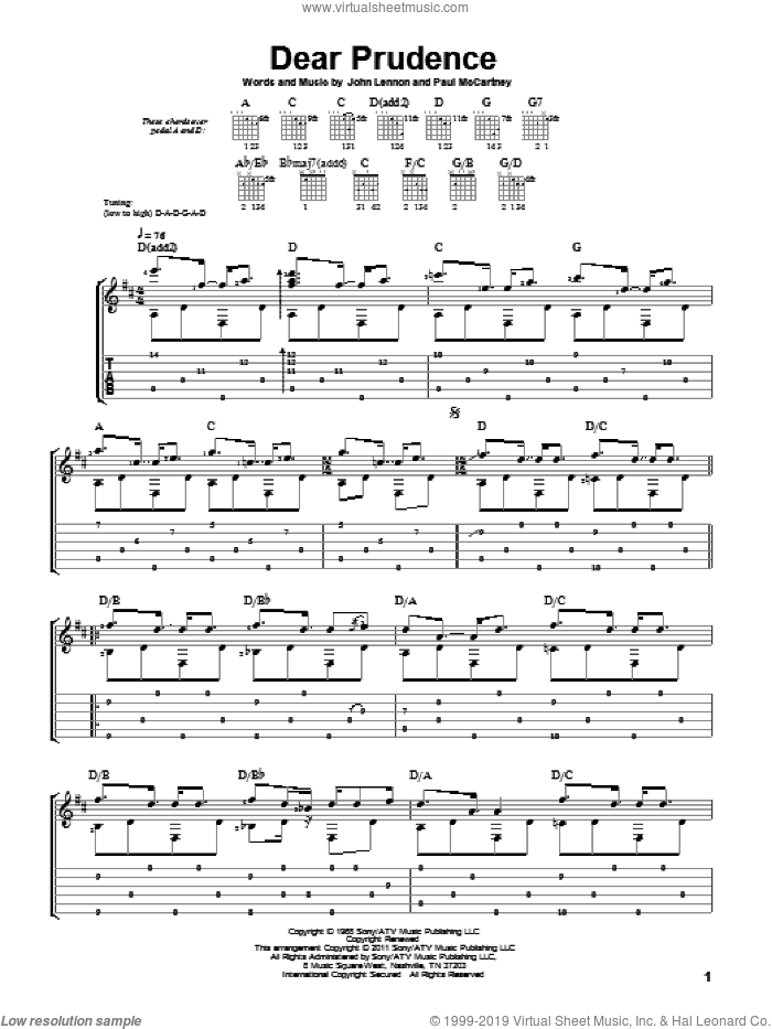 Dear Prudence sheet music for guitar solo by The Beatles, Laurence Juber, John Lennon and Paul McCartney, intermediate skill level