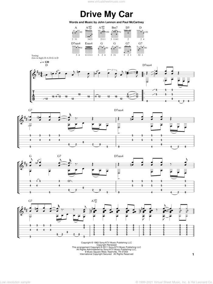 Drive My Car sheet music for guitar solo by Paul McCartney, Laurence Juber, The Beatles and John Lennon, intermediate skill level