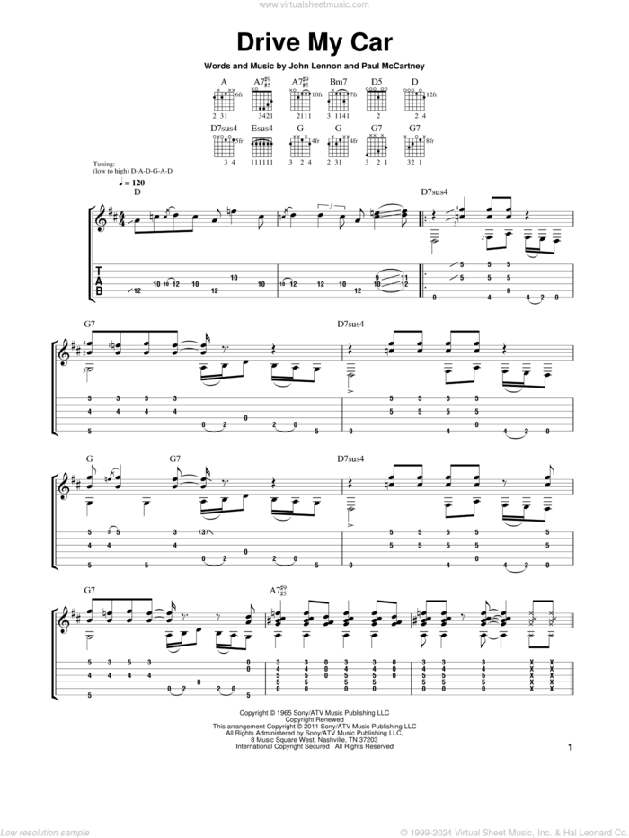 Drive My Car sheet music for guitar solo by Paul McCartney, Laurence Juber, The Beatles and John Lennon, intermediate skill level