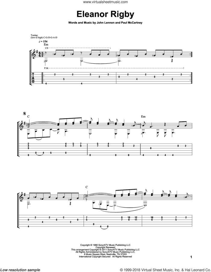 Eleanor Rigby sheet music for guitar solo by Paul McCartney, Laurence Juber, The Beatles and John Lennon, intermediate skill level