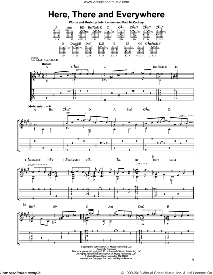 Here, There And Everywhere sheet music for guitar solo by The Beatles, Laurence Juber, John Lennon and Paul McCartney, wedding score, intermediate skill level