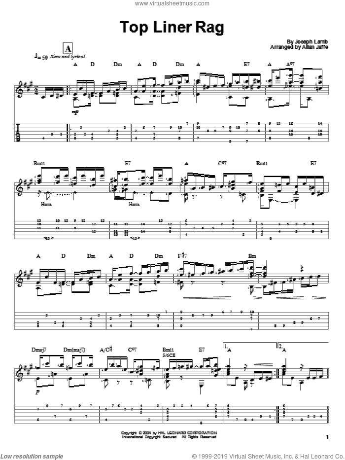 Top Liner Rag sheet music for guitar solo by Joseph Lamb, intermediate skill level