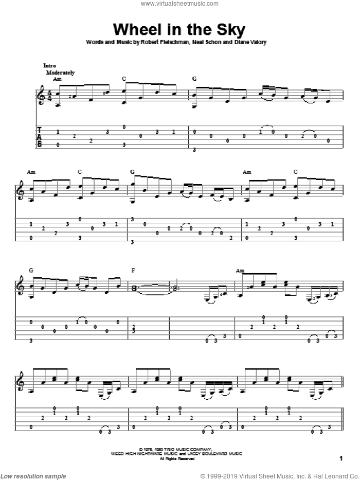 Wheel In The Sky sheet music for guitar solo by Journey, Diane Valory, Neal Schon and Robert Fleischman, intermediate skill level