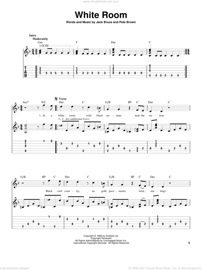 White Room sheet music for guitar solo by Cream, Jack Bruce and Pete Brown, intermediate skill level