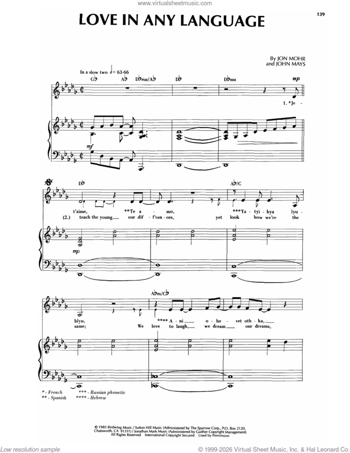 Love In Any Language sheet music for voice and piano by Sandi Patti, Sandi Patty, John Mays and Jon Mohr, intermediate skill level