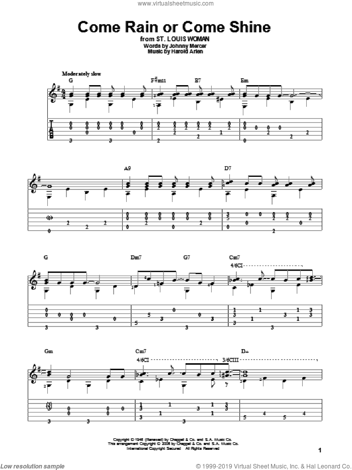Come Rain Or Come Shine sheet music for guitar solo by Harold Arlen and Johnny Mercer, intermediate skill level