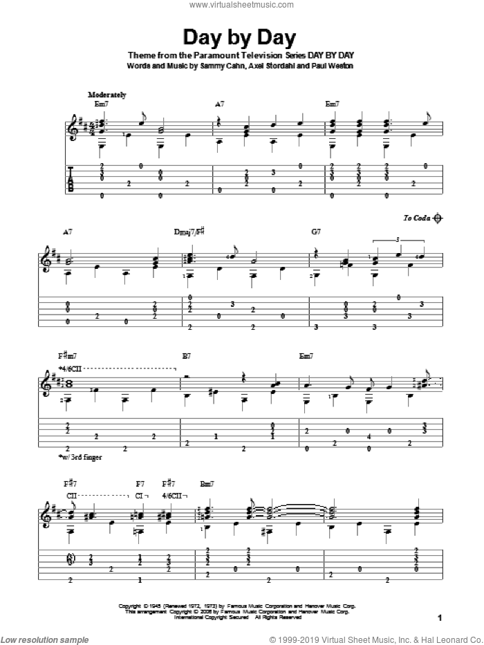 Day By Day sheet music for guitar solo by Sammy Cahn, Axel Stordahl and Paul Weston, intermediate skill level