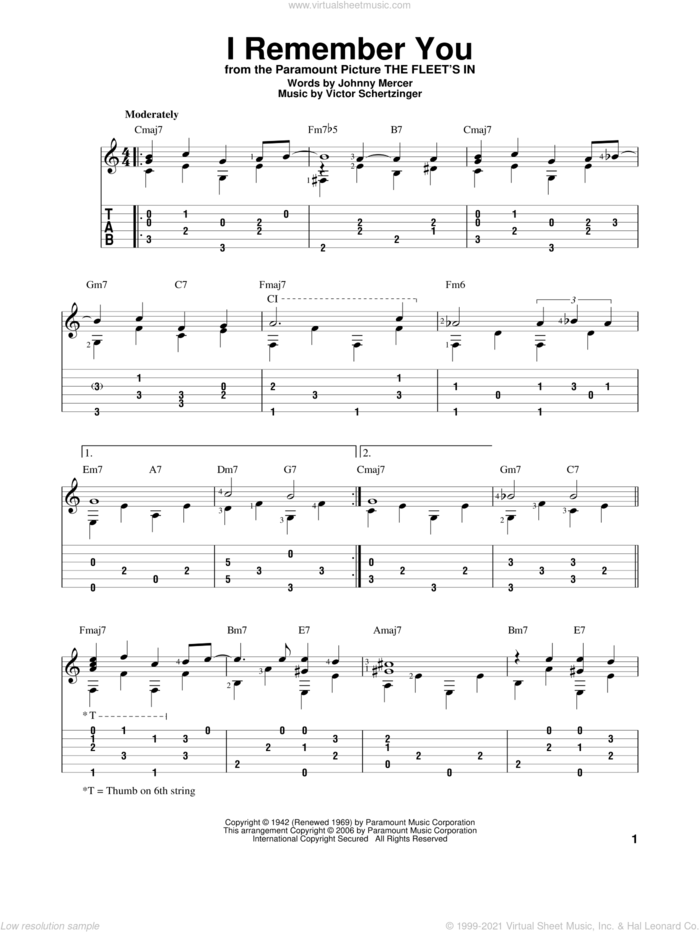 I Remember You sheet music for guitar solo by Jo Stafford, Johnny Mercer and Victor Schertzinger, intermediate skill level