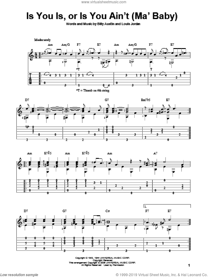 Is You Is, Or Is You Ain't (Ma' Baby) sheet music for guitar solo by Louis Jordan and Billy Austin, intermediate skill level