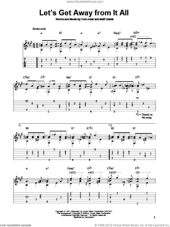 Let's Get Away From It All sheet music for guitar solo by Frank Sinatra, Matt Dennis and Tom Adair, intermediate skill level