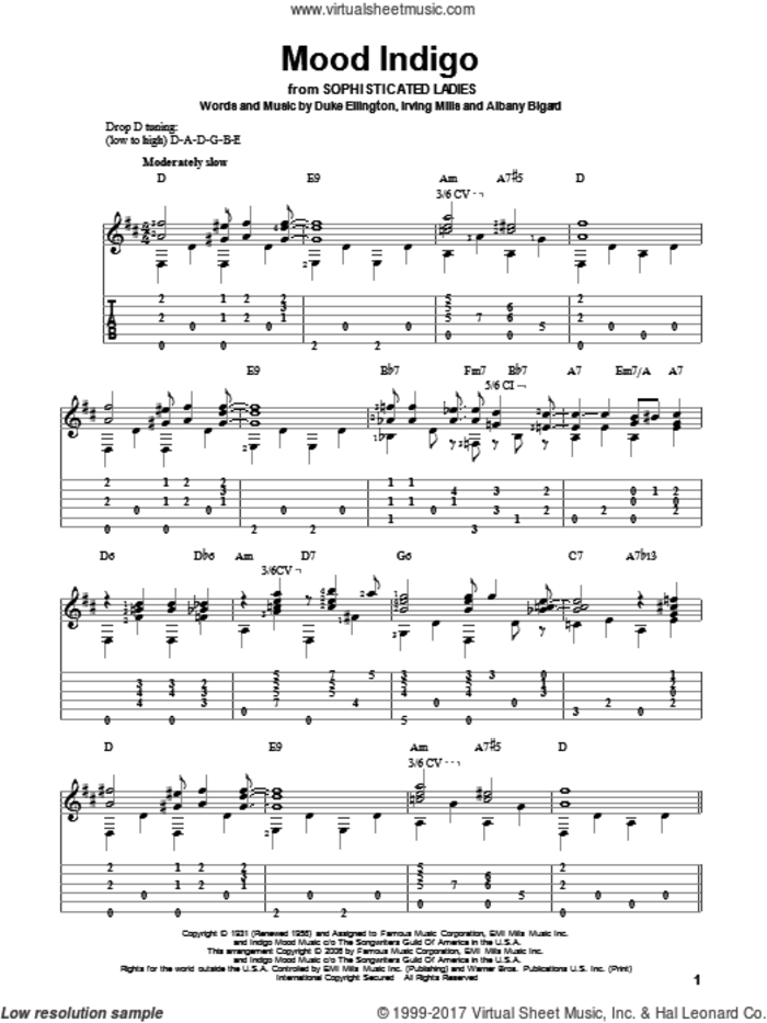 Mood Indigo sheet music for guitar solo by Duke Ellington, Albany Bigard and Irving Mills, intermediate skill level