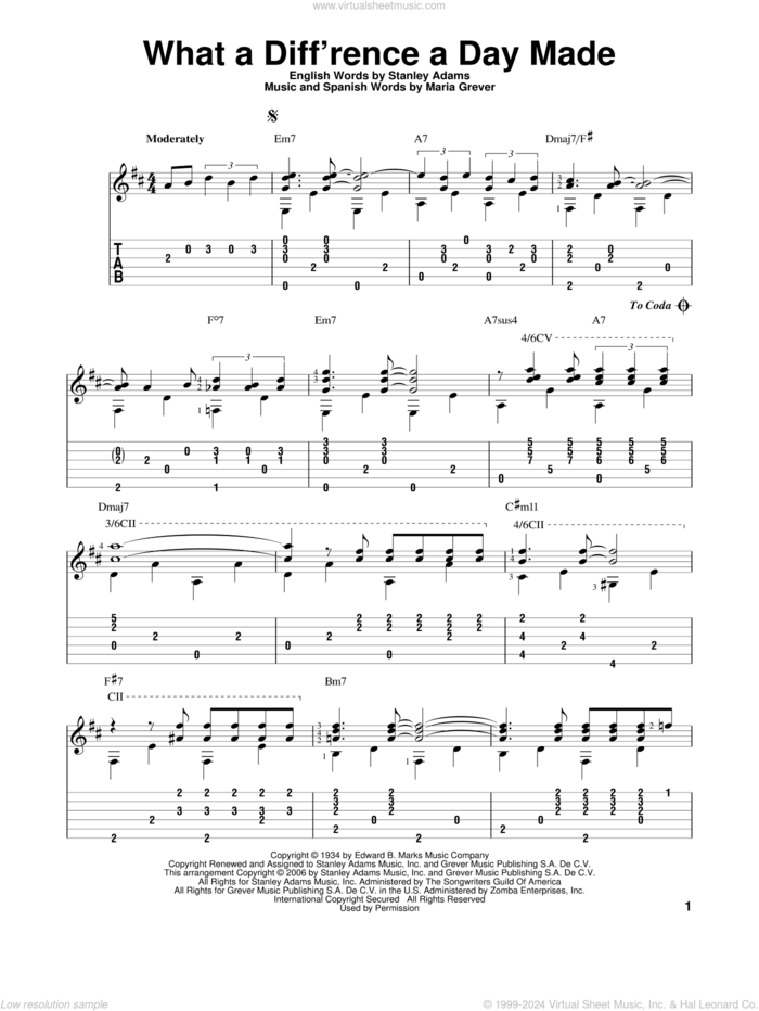 What A Diff'rence A Day Made sheet music for guitar solo by Stanley Adams and Maria Grever, intermediate skill level