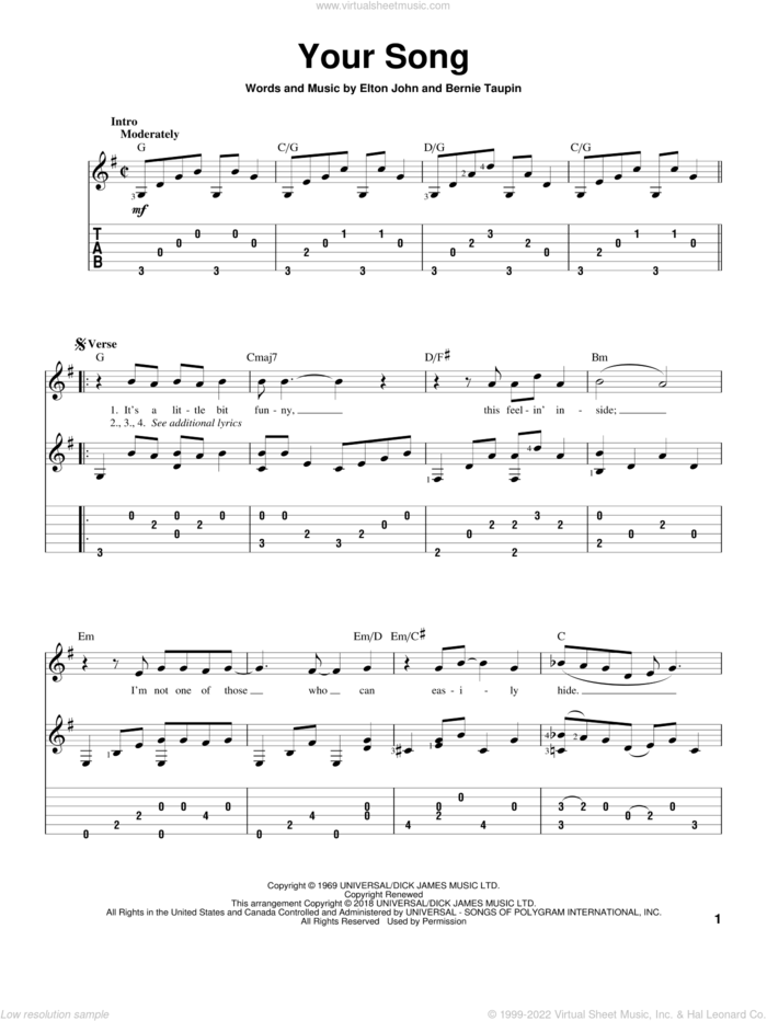 Your Song sheet music for guitar solo by Elton John and Bernie Taupin, wedding score, intermediate skill level