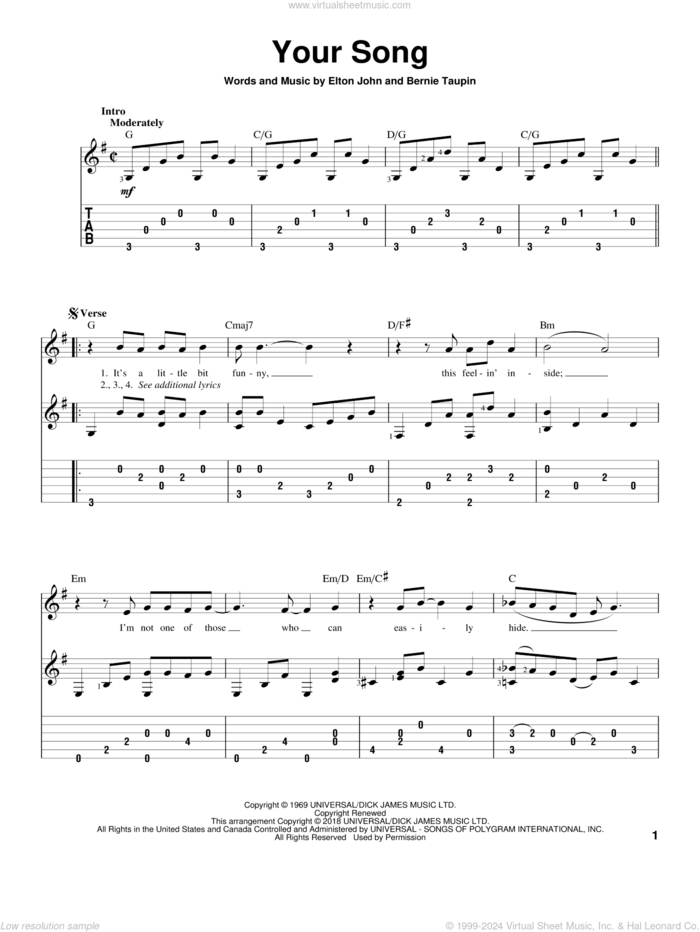 Your Song sheet music for guitar solo by Elton John and Bernie Taupin, wedding score, intermediate skill level