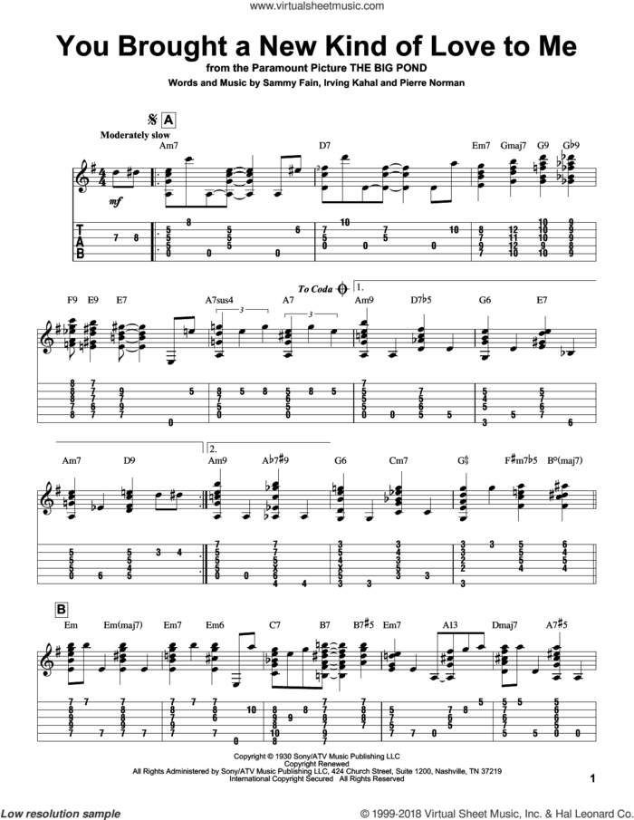 You Brought A New Kind Of Love To Me sheet music for guitar solo by Frank Sinatra, Jeff Arnold, Irving Kahal, Pierre Norman and Sammy Fain, intermediate skill level