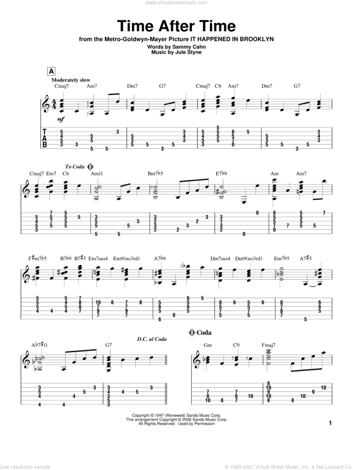 Time After Time sheet music for guitar solo by Sammy Cahn, Jeff Arnold and Jule Styne, wedding score, intermediate skill level