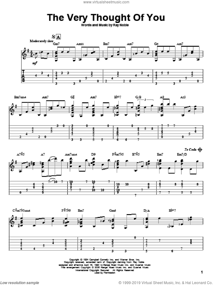 The Very Thought Of You sheet music for guitar solo by Ray Noble and Jeff Arnold, wedding score, intermediate skill level