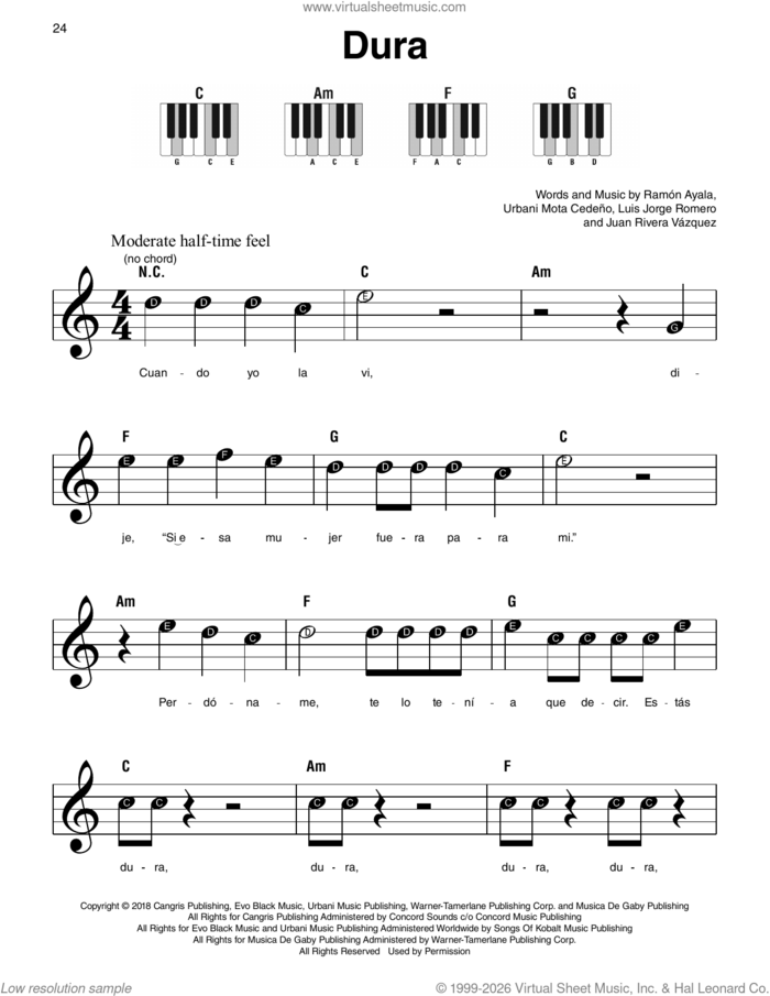 Dura sheet music for piano solo by Daddy Yankee, Juan Rivera Vazquez, Luis Jorge Romero, Ramon Ayala and Urbani Mota Cedeno, beginner skill level