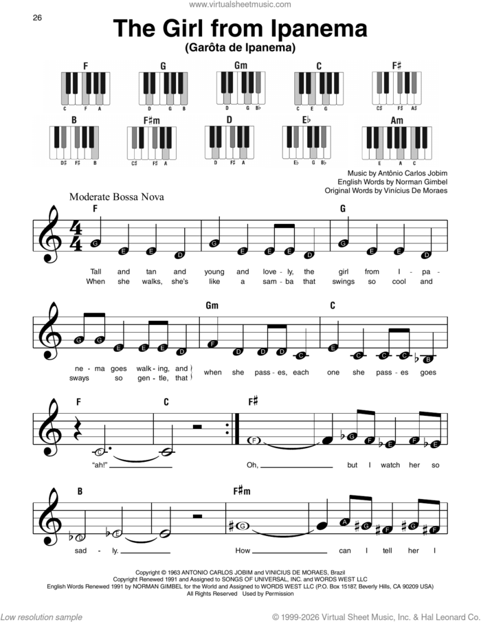 The Girl From Ipanema (GarA'ta De Ipanema) sheet music for piano solo by Stan Getz & Astrud Gilberto, AntA'nio Carlos Jobim, Norman Gimbel and Vinicius De Moraes, beginner skill level
