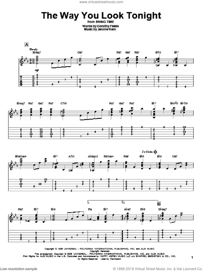 The Way You Look Tonight sheet music for guitar solo by Jerome Kern and Jeff Arnold, wedding score, intermediate skill level