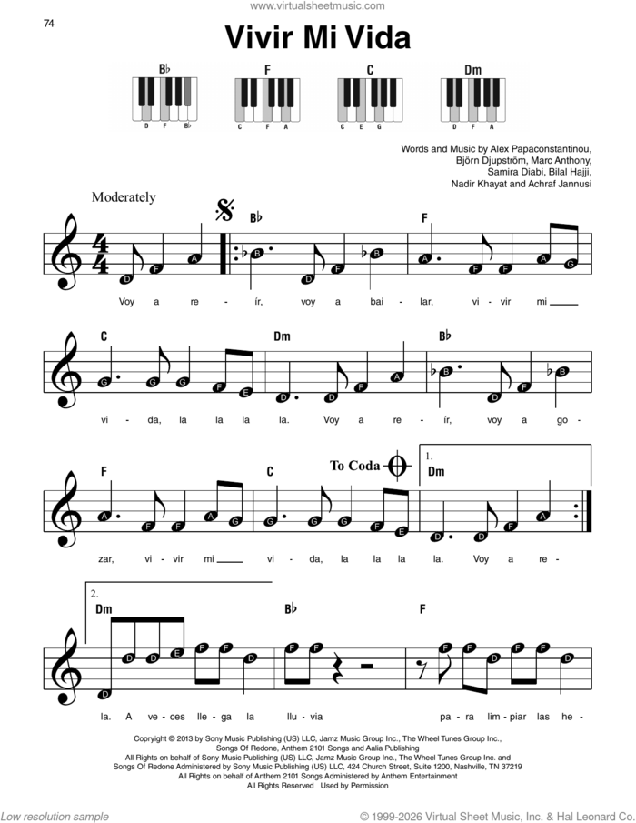 Vivir Mi Vida sheet music for piano solo by Marc Anthony, Achraf Jannusi, Alex Papaconstantinou, Bilal Hajji, Bjorn Djupstrom and Samira Diabi, beginner skill level