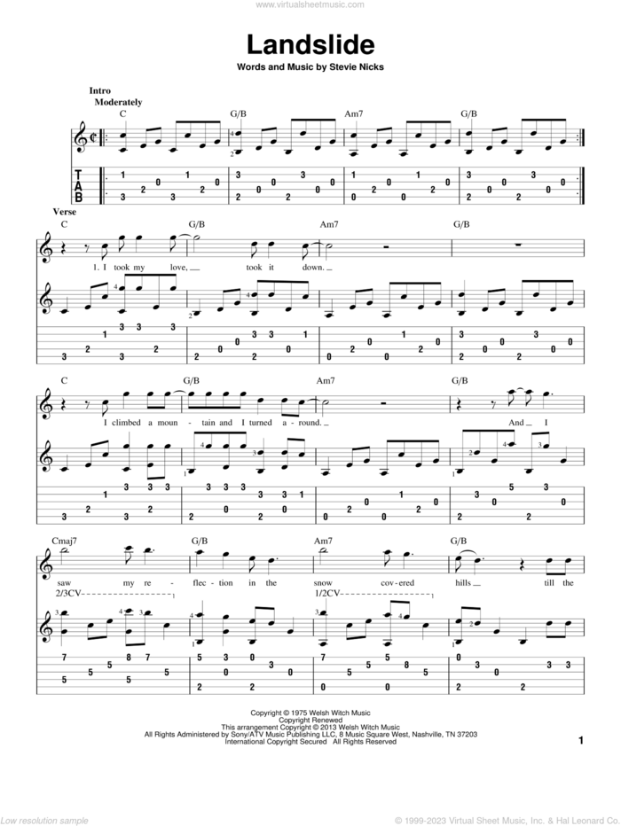 Landslide sheet music for guitar solo by Fleetwood Mac and Stevie Nicks, intermediate skill level