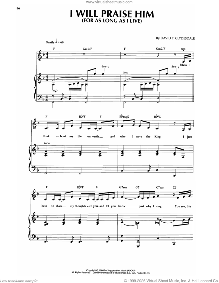 I Will Praise Him sheet music for voice and piano by Sandi Patti, Gloria Gaither and John W. Thompson, intermediate skill level