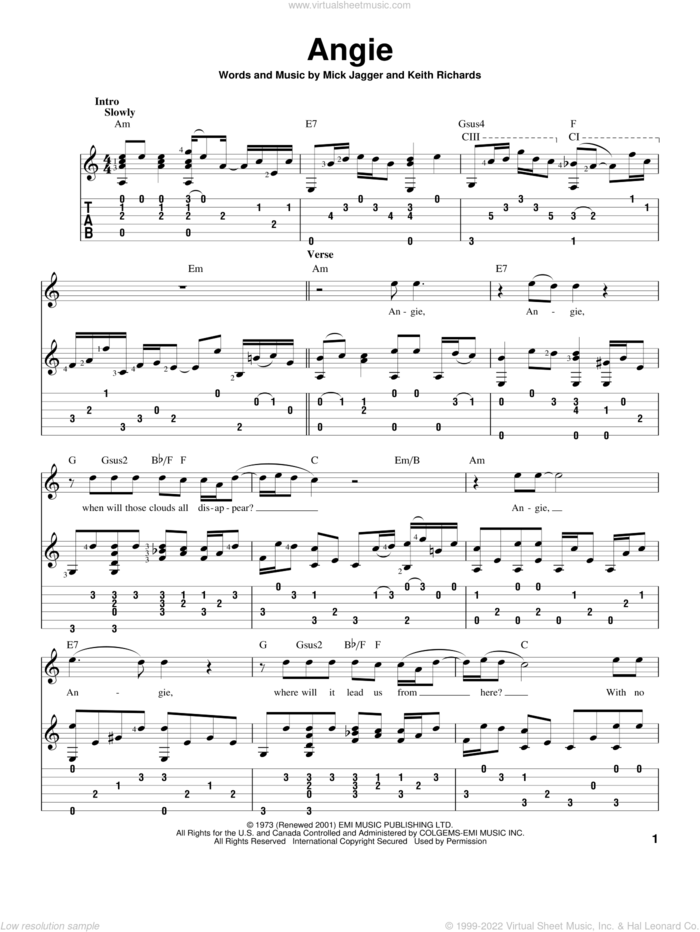 Angie, (intermediate) sheet music for guitar solo by The Rolling Stones, Keith Richards and Mick Jagger, intermediate skill level