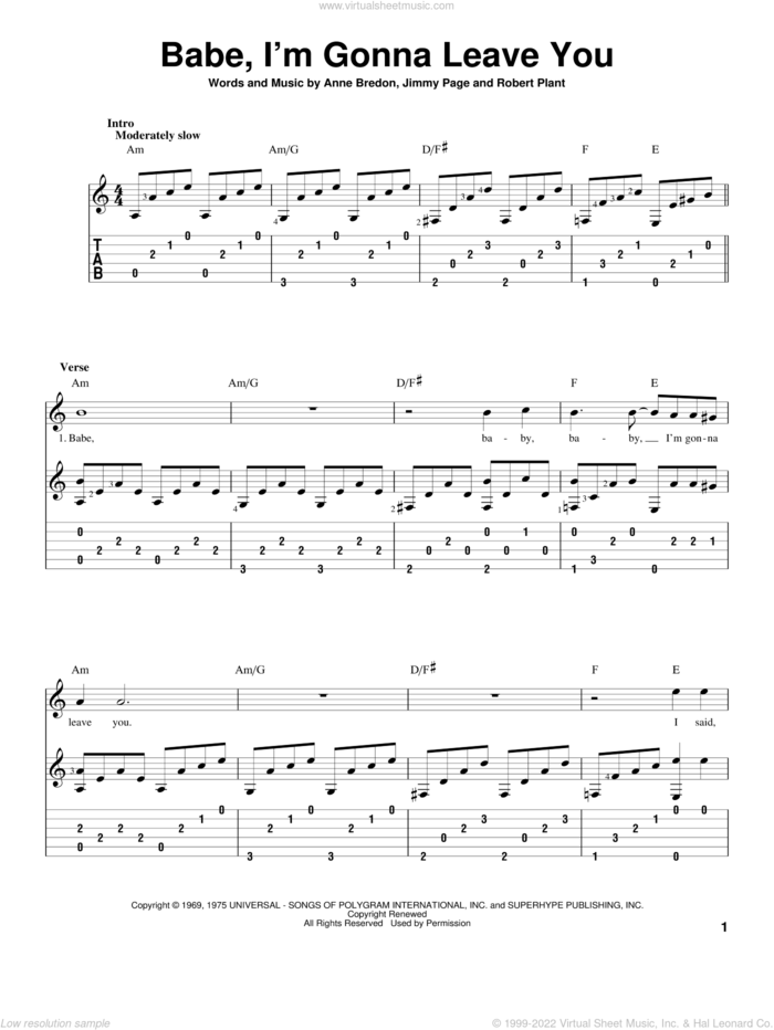Babe, I'm Gonna Leave You sheet music for guitar solo by Led Zeppelin, Anne Bredon, Jimmy Page and Robert Plant, intermediate skill level