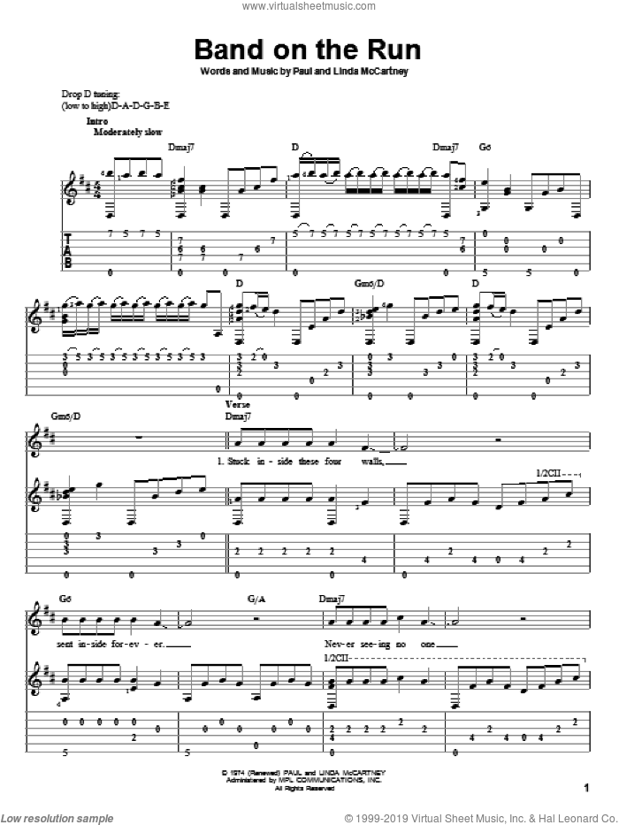 Band On The Run sheet music for guitar solo by Paul McCartney, Paul McCartney and Wings and Linda McCartney, intermediate skill level