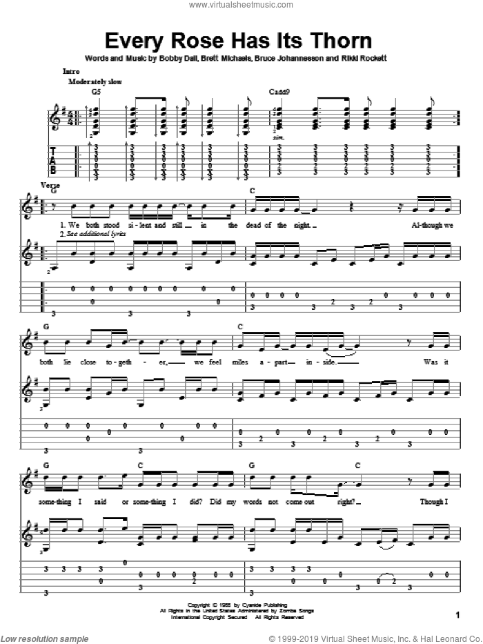 Every Rose Has Its Thorn, (intermediate) sheet music for guitar solo by Poison, Bobby Dall, Bret Michaels, C.C. Deville and Rikki Rockett, intermediate skill level