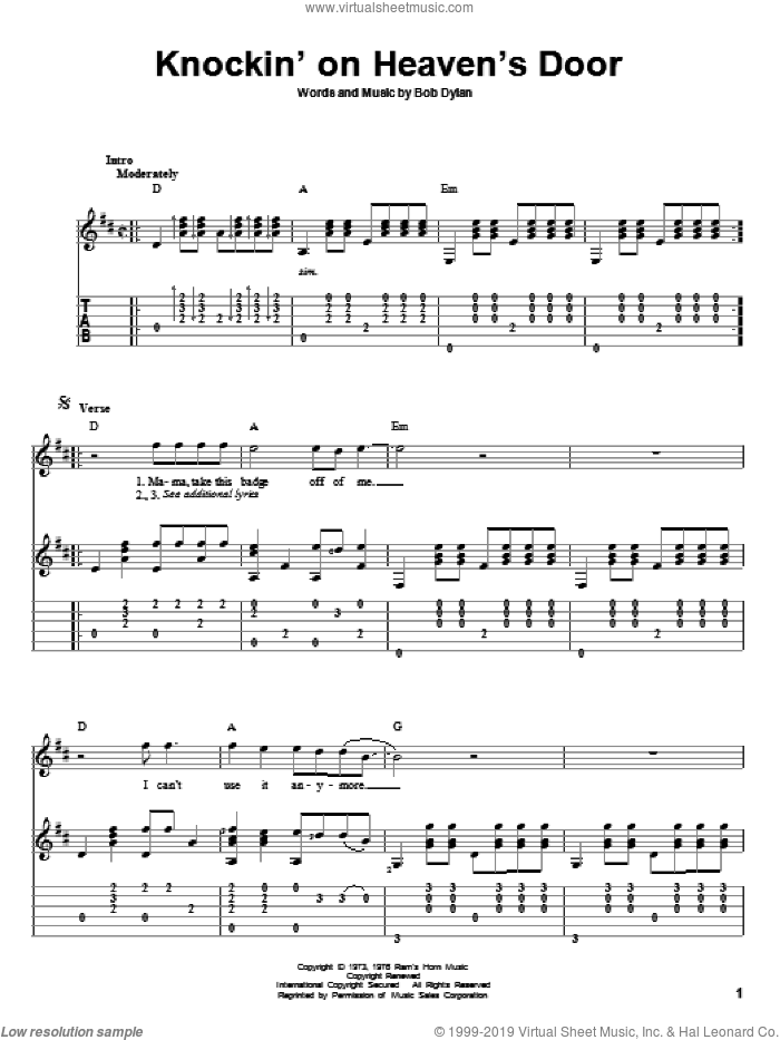 Knockin' On Heaven's Door sheet music for guitar solo by Bob Dylan and Eric Clapton, intermediate skill level
