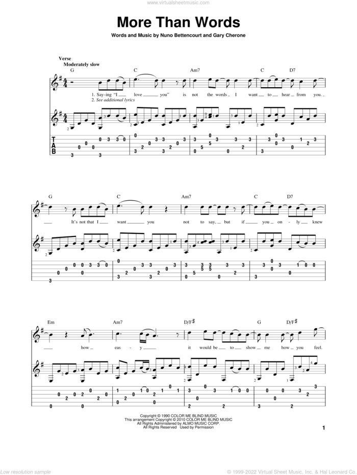 More Than Words sheet music for guitar solo by Extreme, Gary Cherone and Nuno Bettencourt, wedding score, intermediate skill level