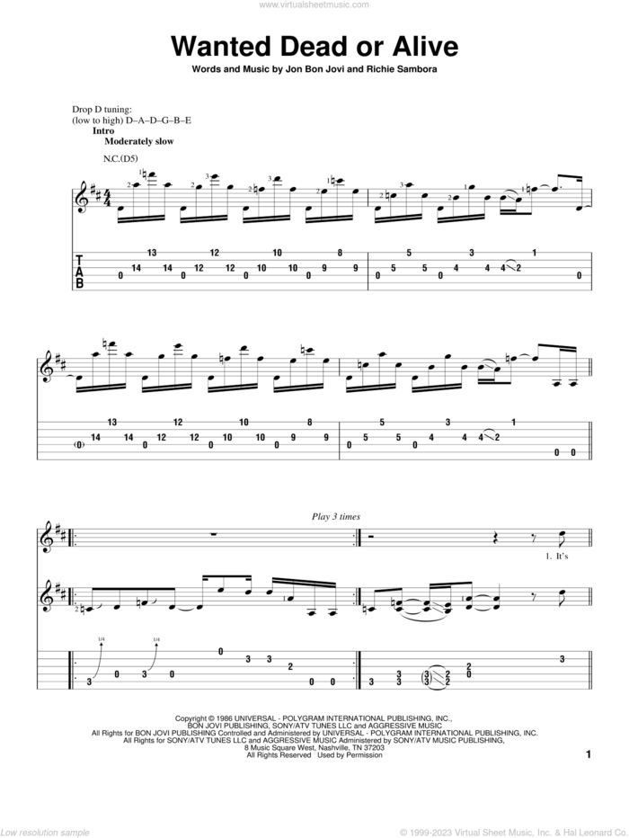 Wanted Dead Or Alive, (intermediate) sheet music for guitar solo by Bon Jovi and Richie Sambora, intermediate skill level