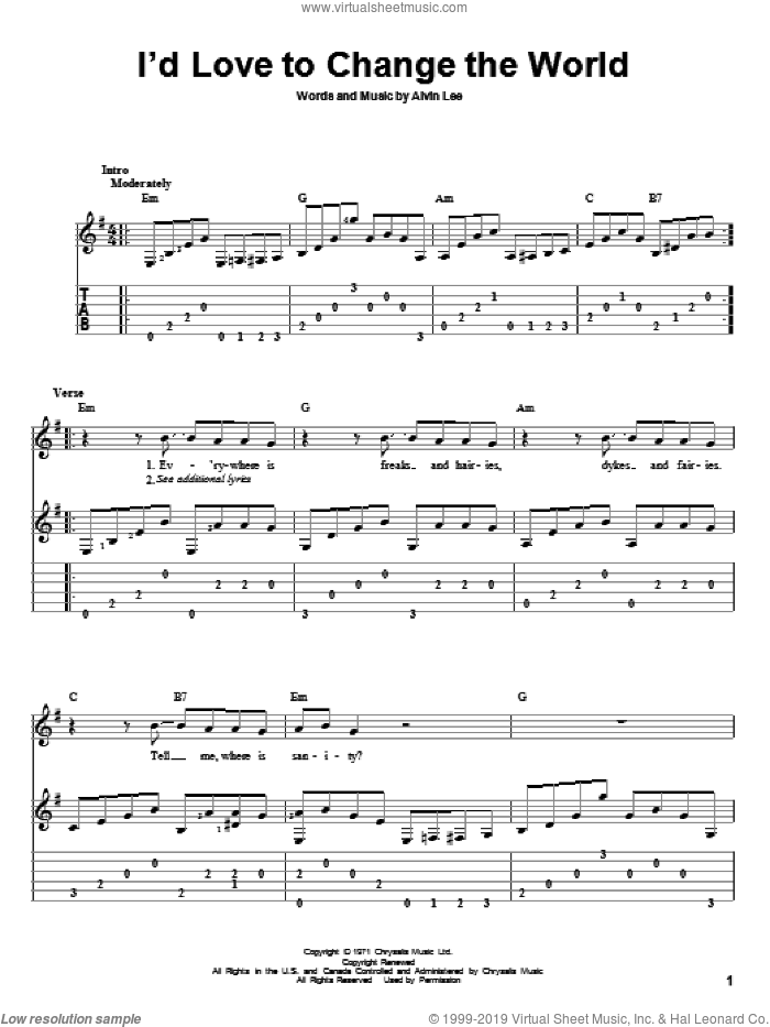 I'd Love To Change The World sheet music for guitar solo by Ten Years After and Alvin Lee, intermediate skill level