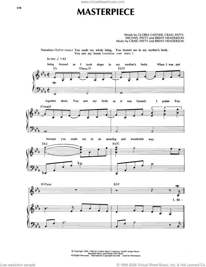 Masterpiece sheet music for voice and piano by Sandi Patti, Brent Alan Henderson, Craig Patty, Gloria Gaither and Michael Patty, intermediate skill level