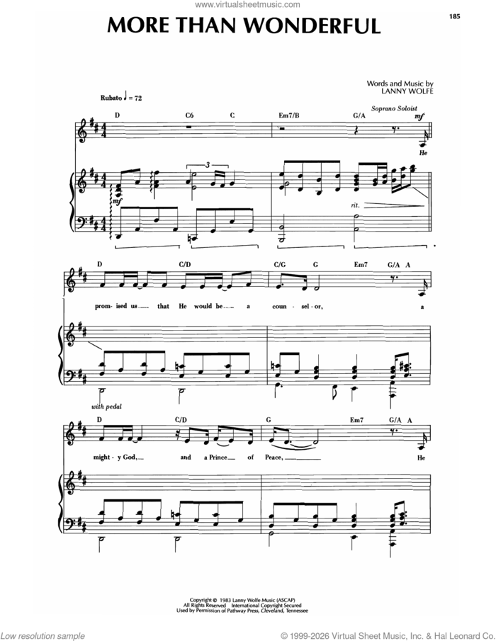 More Than Wonderful sheet music for voice and piano by Sandi Patti and Lanny Wolfe, intermediate skill level