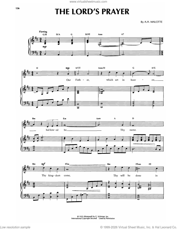 The Lord's Prayer sheet music for voice and piano by Sandi Patti and Albert H. Malotte, classical wedding score, intermediate skill level