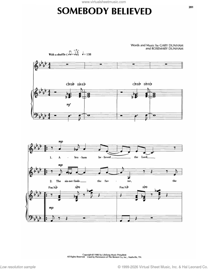 Somebody Believed sheet music for voice and piano by Sandi Patti, Gary Dunham and Rosemary Dunham, intermediate skill level